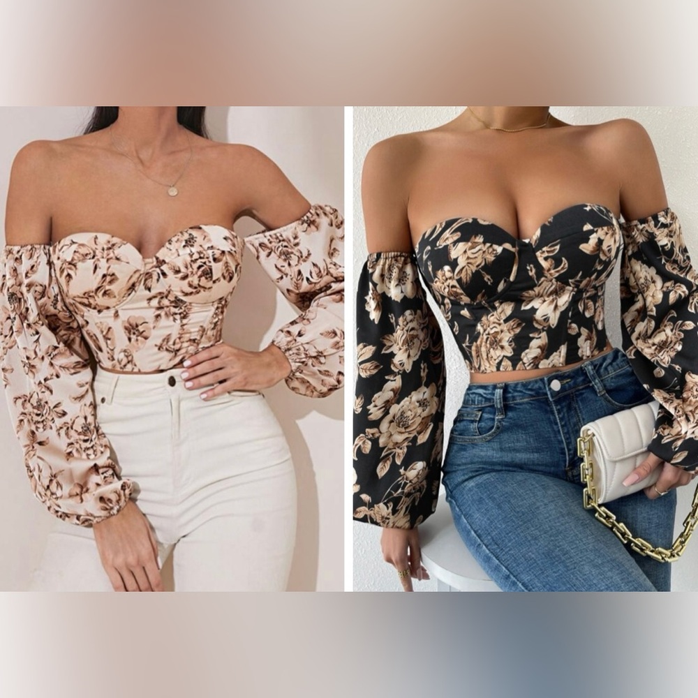 SHEIN Floral Off-Shoulder Blouse Bundle- Black and Cream